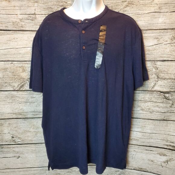 Banana Republic Linen Blend Dark Navy Short Sleeve Shirt 3/4 Front Button Sz XL - Picture 1 of 8